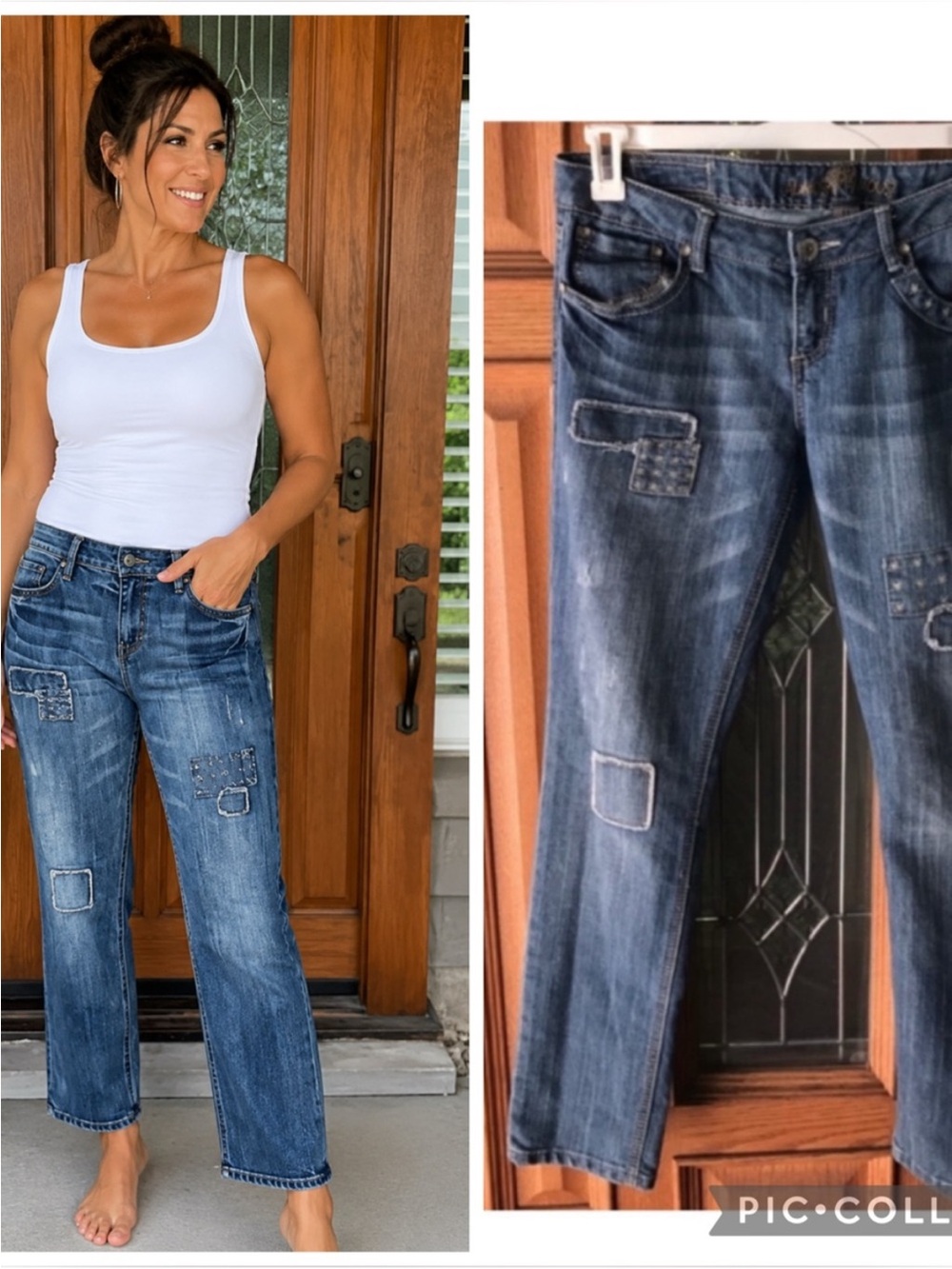Almost Famous Dark Blue Distressed Patchwork Ankle Jeans